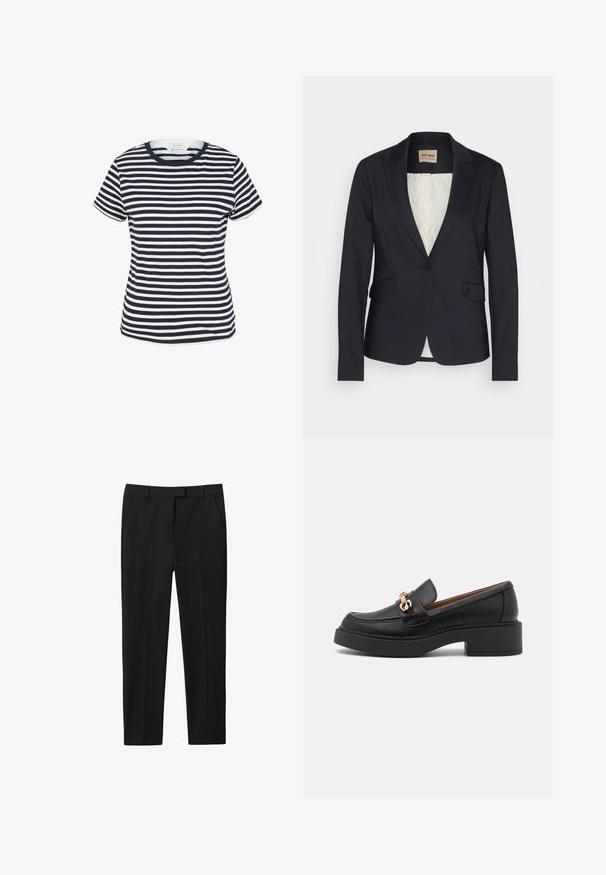Marineblazer aus glattem Stoff mit Revers, zwei vorderen Taschen und einem gemusterten, hellen Innenfutter. Ein-Knopf-Verschluss.; Navy- und weiß gestreiftes T-Shirt aus Bio-Baumwolle, mit Rundhalsausschnitt und kurzen Ärmeln, mit geradem Saum am unteren Ende.; Schwarze Hosen mit maßgeschneidertem Design, flachem Bund, zwei seitlichen Taschen und geradem Beinschnitt. Aus glattem Stoff mit einem subtilen Glanz gefertigt.; Schwarzer Leder-Slipper mit einer klobigen Plateausohle, verziert mit einer goldfarbenen Kettenakzent und sichtbaren Nahtdetails. Glatte Textur und elegantes Design.