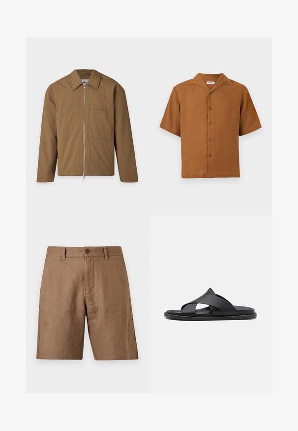 Veste marron à manches longues avec un col pointu, fermeture éclair sur le devant et une poche poitrine unique sur le côté gauche.; Chemise marron à manches courtes avec col style camp, cinq boutons sur le devant, présentée sur un fond gris clair uni.; Short marron décontracté longueur genou avec passants de ceinture, fermeture par bouton et poches avant, en tissu texturé.; Stuart Weitzman BERKLEY - Mules - black