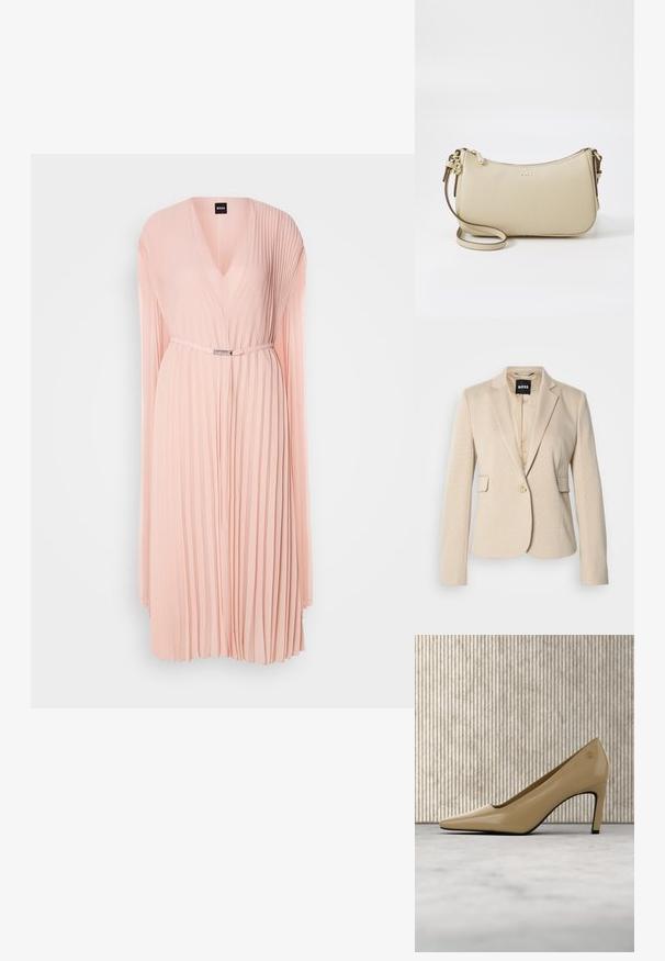 Blazer beige con un patrón texturizado, cierre de un solo botón y solapas en notch. Cuenta con dos bolsillos frontales y un forro interior suave.; Vestido plisado de suave tela rosa con escote en V profundo. Presenta mangas largas y una cintura ajustada con detalle de cinturón en tono plateado.; Zapato de tacón alto color beige con punta en punta y pequeño emblema dorado, colocado verticalmente sobre una superficie reflectante cerca de un organizador de archivos metálico.; Bolso de hombro de cuero beige con forma curva, detalles en dorado, cierre con cremallera y correa ajustable. Logotipo "BOSS" grabado en la parte frontal.