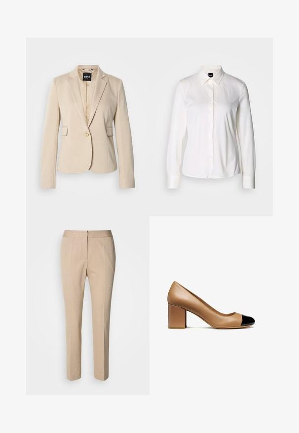 Beige blazer med et tekstureret mønster, enkelt knaplukning og knap-lapel. Har to forlommer og en glat indvendig foring.; Hvid langærmet skjorte med knapper og klassisk krave lavet af blødt bomuldsstof, med en slim fit og et enkelt design uden mønstre.; Beige skræddersyede bukser med en tekstureret stof, slim fit, middelhøj talje og lige ben. Lynlås og knaplukning foran.; Beige læderpumps med en rund tå og en sort patenthætte, med en blokhæl og glat tekstur.