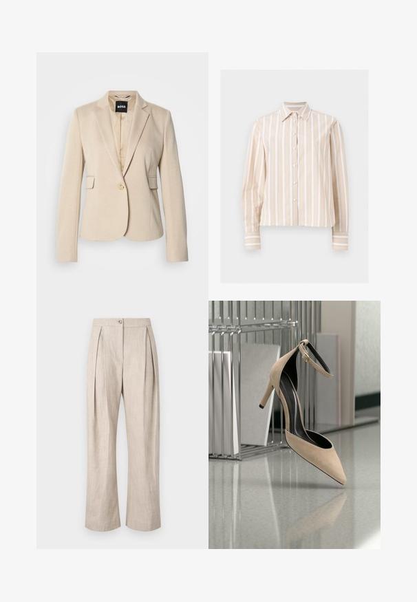 Beige Blazer mit strukturiertem Muster, Ein-Knopf-Verschluss und Reverskragen. Verfügt über zwei Fronttaschen und ein glattes Innenfutter.; Beige-weiß vertikal gestreiftes Langarmhemd mit spitzem Kragen und geknöpften Manschetten, auf hellem flachem Hintergrund dargestellt.; Beige Leinenhose mit Falten, weitem Bein und Knopfverschluss vorne. Der Stoff hat eine strukturierte Optik und eine leichte, atmungsaktive Qualität.; Beiger High-Heel-Schuh mit Knöchelriemen, der vor einem metallischen Zeitschriftenhalter auf einem reflektierenden Boden schwebt.