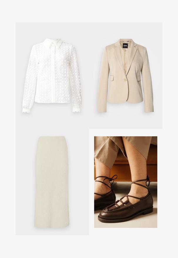 Beige blazer med et tekstureret mønster, enkelt knaplukning og knap-lapel. Har to forlommer og en glat indvendig foring.; Hvid bluse lavet af lace-lignende stof med en klassisk krave, lange ærmer med scalloped manchetter og en knaplukning foran med dekorative detaljer.; Flødefarvet knælang blyantsnørh med blødt, tekstureret stof og høj talje.; Fødder iført brune læder snøresko med bånd viklet omkring anklerne, beige korte bukser, siddende på en brun sofa.