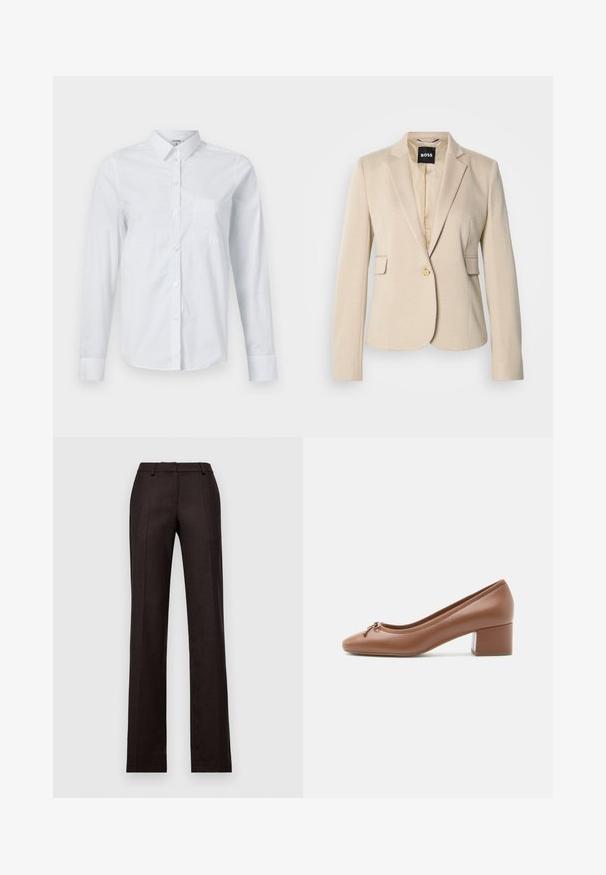 Beige blazer med et tekstureret mønster, enkelt knaplukning og knap-lapel. Har to forlommer og en glat indvendig foring.; Hvid langærmet skjorte lavet af bomuld, med krave, knaplukning foran og en enkelt brystlomme. Glat tekstur. Ingen mønstre.; Skræddersyede sorte bukser med lige ben, lavet af et glat stof med pressede folder og et klassisk taljebånddesign.; Brun læder pumps med mellemhøj hæl, rundet tå og lille sløjfe foran, vist i sideprofil mod ensfarvet baggrund.