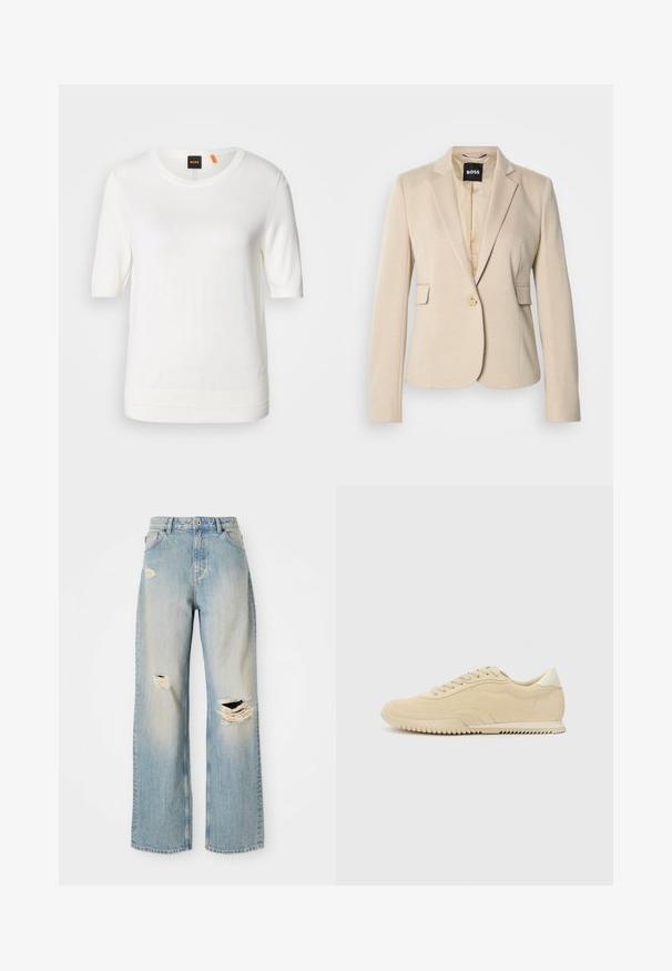 Blazer beige con un patrón texturizado, cierre de un solo botón y solapas en notch. Cuenta con dos bolsillos frontales y un forro interior suave.; Top de punto blanco de manga corta con escote redondo, dobladillo acanalado y textura suave. Etiqueta con logo en la parte del cuello en color naranja.; Vaqueros rectos de color azul claro con cintura alta, presillas para cinturón y desgastes en el muslo izquierdo, la rodilla derecha y la parte inferior de la pierna izquierda.; Zapatillas de ante beige con diseño de cordones, parte superior texturizada, suela de goma en contraste y un leve tacón. Estilo minimalista con un sutil branding.
