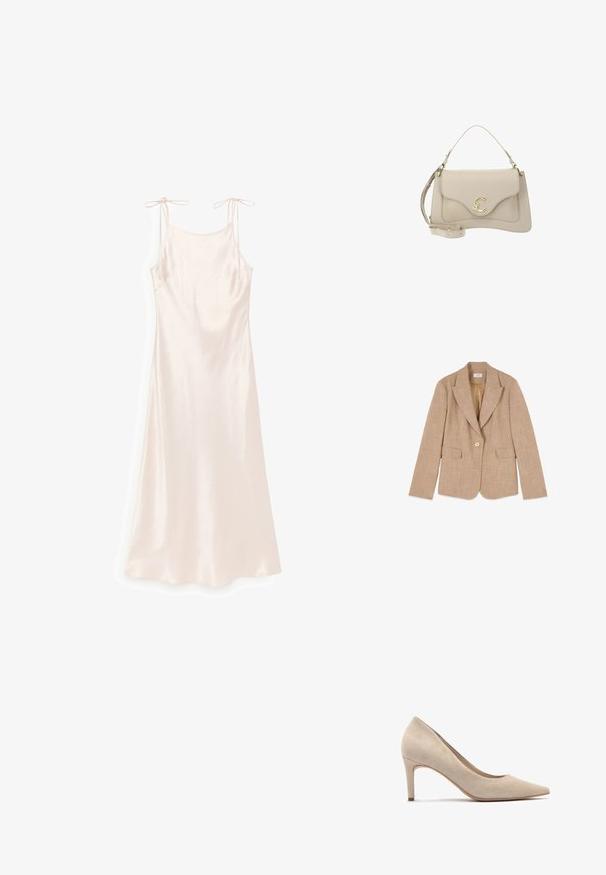 Oltre STRUTTURATA - Blazer - beige; Lyserød satin natkjole med tynde, justerbare stropper og en lige halsudskæring, vist på en hvid baggrund.; Beige ruskind højhælede sko med spids tå og en 7 cm hæl. Glat tekstur, minimalistisk design og en strømlinet silhuet.; Beige læderhåndtaske med en buet klap, guldlås formet som en stiliseret C, øverste håndtag og justerbar skulderrem.