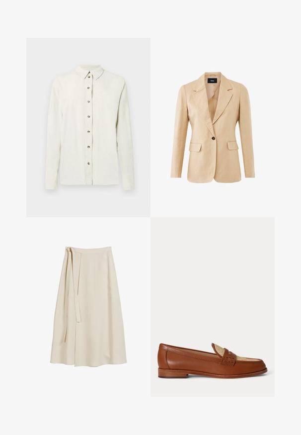 Beige blazer met een notch-revers, enkele knoopsluiting, twee voorzakken en een getailleerde pasvorm. Gemaakt van een lichtgewicht, gestructureerde stof.; Lichtbeige overhemd met lange mouwen, gemaakt van gestructureerde stof, voorzien van een knoopsluiting met metalen knopen en een klassieke kraag.; Beige wikkelrok van lichte stof, met een striksluiting, twee zijzakken en een knielange zoom met een lichte A-lijn vorm.; Bruine leren loafer met geweven beige paneel bovenop, lage houten hak en traditioneel pennyriemontwerp op witte achtergrond.