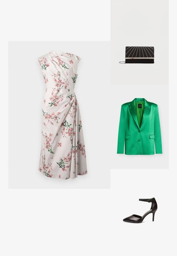 Blazer verde de satén con solapas con muesca, dos botones, bolsillos con solapa y forro interior liso mostrado sobre fondo blanco.; Vestido midi blanco sin mangas con estampado floral rosa y drapeado recogido en un lado.; Zapato de tacón alto de cuero negro con punta afilada, tira en el tobillo y tacón delgado. Textura suave y hardware minimalista.; Bolso de mano negro con textura suave, que presenta líneas con tachuelas plateadas que irradian desde el centro, con un cierre metálico plateado y una correa de cadena.