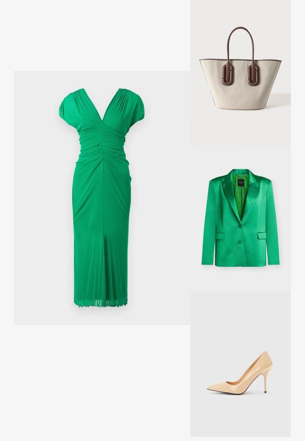 Groene satijnen blazer met hakrevers, twee knopen, klepzakken en een gladde binnenvoering, weergegeven op een witte achtergrond.; Groene knie-lange jurk van rekbare stof, met een V-hals, geraffineerde details, kapmouwen en een aansluitende pasvorm.; Beige lakleren pump met hoge hak, spitse neus en slanke stilettohak, met een klein gouden accent aan de achterkant.; Beige tote tas met bruine leren handvatten en afwerking, brede bovenopening en een gestructureerde rechthoekige bodem.
