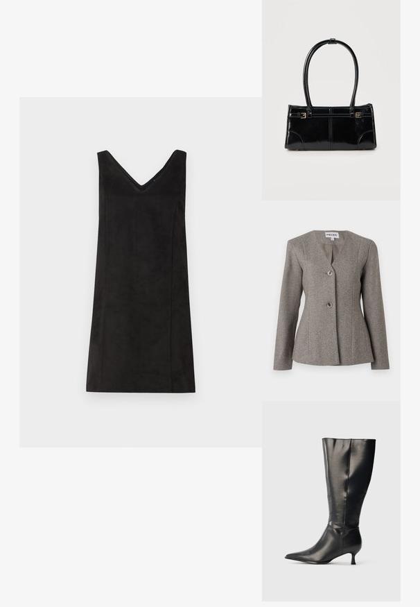 Blazer gris en espiga con cuello en V, mangas largas y dos botones. Ajuste entallado con un forro interior suave y un diseño estructurado.; Vestido negro sin mangas con escote en V, hecho de un material suave, con corte recto y detalles mínimos. Textura suave.; Bota negra de cuero hasta la rodilla, con punta afilada y tacón bajo tipo kitten, mostrada sobre un fondo claro y sencillo.; Bolso rectangular negro brillante con dos finas correas para el hombro y pequeños detalles de hebilla dorada en la parte frontal.
