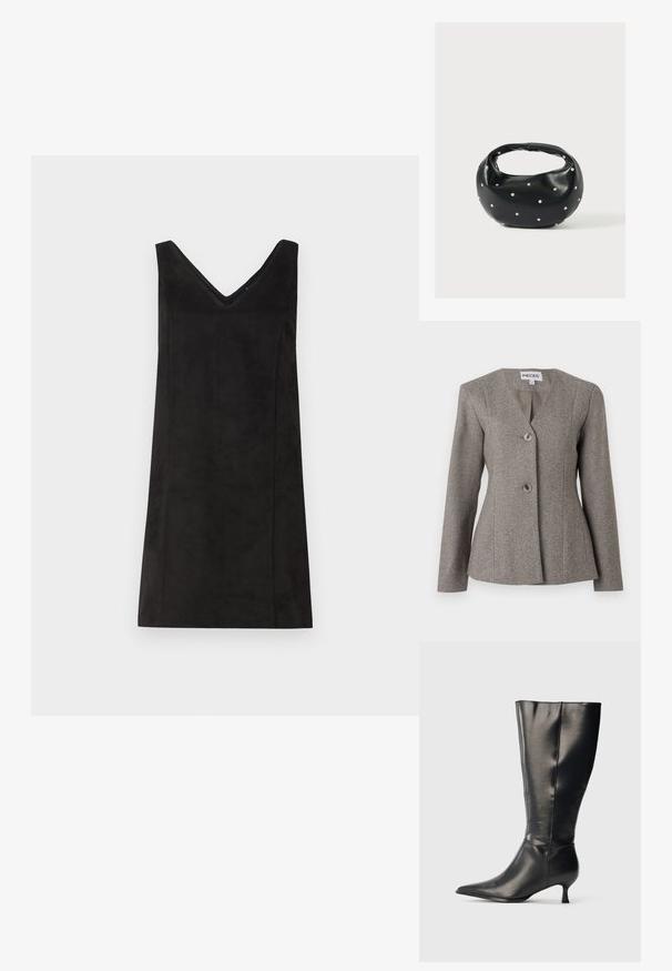 Grå hængebukse-blazer med V-hals, lange ærmer og to knapper. Skræddersyet pasform med glat for og struktureret design.; Sort ærmeløs kjole med V-udskæring, fremstillet af et blødt materiale, med en lige pasform og minimal detaljering. Glat tekstur.; Sort knæhøj læderstøvle med spids tå og lav kittenhæl, vist på en enkel lys baggrund.; Sort læderhåndtaske med en rundet form, dekoreret med sølvnitter, og et kort håndtag. Glat tekstur og lynlåslukning.