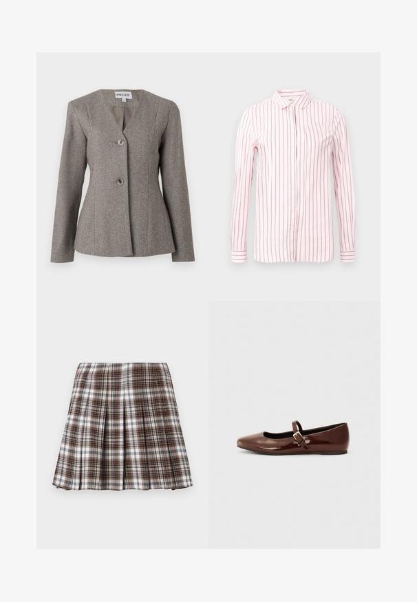 Grå hængebukse-blazer med V-hals, lange ærmer og to knapper. Skræddersyet pasform med glat for og struktureret design.; Lys pink skjorte med lodrette maroon striber, lange ærmer, knap-åbning foran og klassisk krave. Glat stof og tætsiddende design.; Brun og hvid ternet plisseret nederdel med en struktureret design og sprød tekstur, der har høj talje og flere lodrette folder.; Brun patentlæder balletflade med firkantet tå og strop med en lille guldbuckle. Glat tekstur, lav hæl og minimalistisk design.