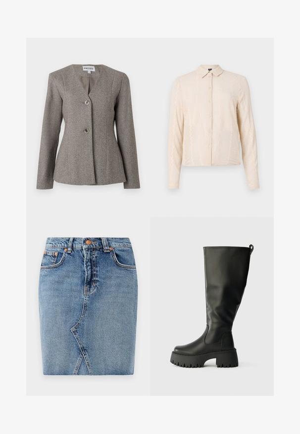 Grå hængebukse-blazer med V-hals, lange ærmer og to knapper. Skræddersyet pasform med glat for og struktureret design.; Langærmet, cremet skjorte med krave, der har et tekstureret stof og dekorative blonder langs forsiden ogærmerne.; Denimnederdel i mellemblå med et tætsiddende design, forlommer og skrå sømdetaljer. Standard talje med metalknaplukning.; Knæhøje sorte gummistøvler med en kraftig sål, glat overflade og en slip-on rem bagpå for nem påtagning. Rund tå-design.