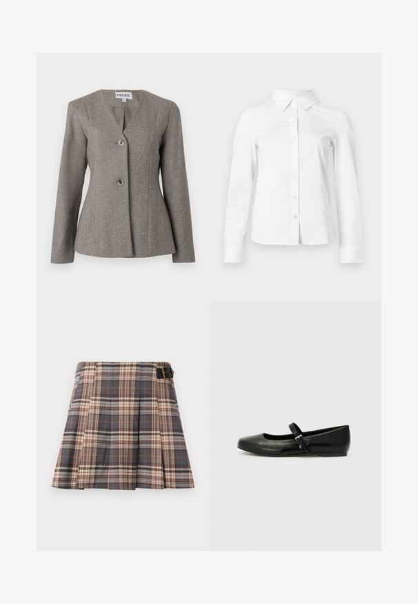 Blazer en chevron gris avec un col en V, des manches longues et deux boutons. Coupe ajustée avec une doublure intérieure lisse et un design structuré.; Chemise blanche à manches longues avec boutons, col pointu, ourlet droit et silhouette ajustée, présentée sur un fond clair uni.; Jupe à carreaux gris, beige et rouille ; présente des plis, un détail de boucle et une conception structurée. Fabriquée en tissu tissé.; Ballerines en cuir noir avec un bout arrondi, une semelle plate et une fine sangle ajustable sur le cou-de-pied avec une boucle en métal.