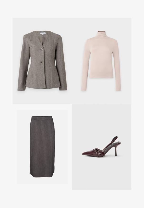Grau gestreifter Blazer mit V-Ausschnitt, langen Ärmeln und zwei Knöpfen. Taillierte Passform mit glattem Innenfutter und strukturiertem Design.; Hellbeige langärmliges Rollkragenoberteil aus glattem Stretchstoff, mit tailliertem Schnitt und hohem Kragen. Keine sichtbaren Muster oder Akzente.; Dunkelgrauer Bleistiftrock mit dünnen weißen vertikalen Nadelstreifen und kleinem seitlichem Schlitz auf einfarbigem Hintergrund.; Bordeauxroter Slingback-Pumps aus Lackleder mit spitz zulaufender Vorderkappe, dünnem Knöchelriemen und kleiner dekorativer Schnalle. Glatte Textur und hoher Absatz.
