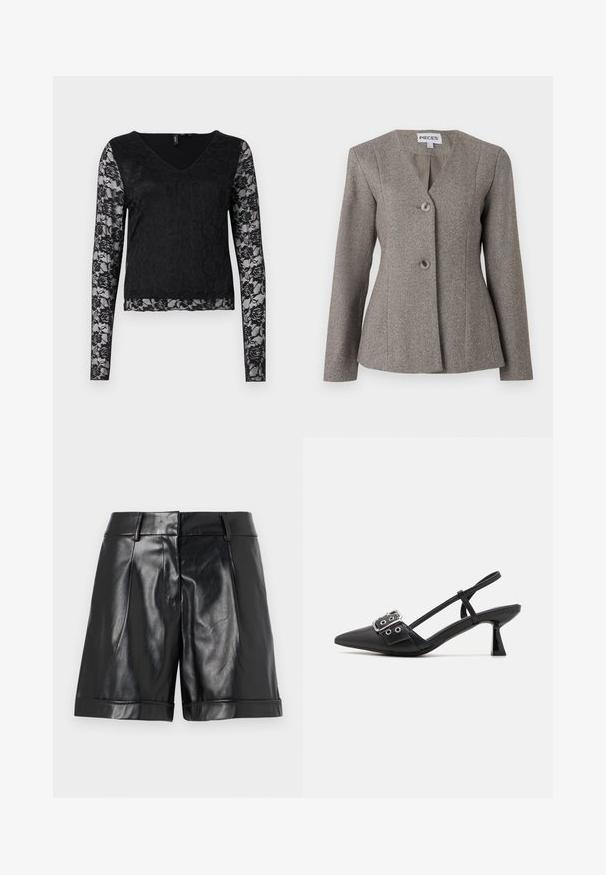 Grijze visgraatblazer met een V-hals, lange mouwen en twee knopen. Getailleerde pasvorm met een gladde binnenvoering en gestructureerd ontwerp.; Zwarte lange mouw top met een V-hals, een effen zwart lijfje en sheer kantmouwen met bloemmotieven. Over het geheel een gladde textuur.; Zwarte leren shorts met een glanzende afwerking, voorplooien en een opgerolde zoom. Strak ontwerp met een op maat gemaakte tailleband en minimale hardware.; Simmi London DALA - Klassieke pumps - black