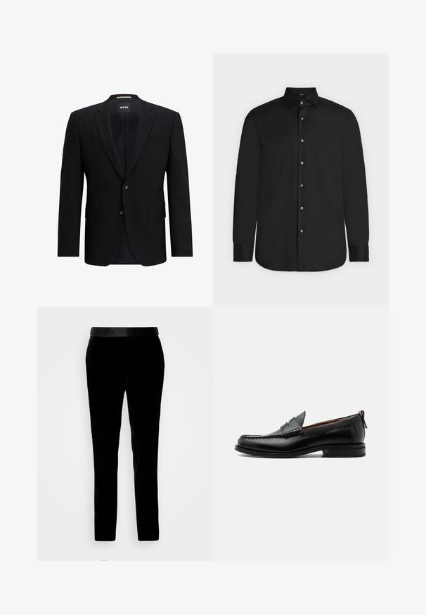 Blazer noir à un seul bouton, fabriqué en tissu lisse. Doté de deux boutons, de revers en pointe et de deux poches avant. Intérieur doublé.; Chemise noire à manches longues avec boutons, col pointu et boutons blancs, présentée à plat sur un fond clair.; Pantalon en velours noir à coupe ajustée, texture lisse et ceinture assortie. Il présente des jambes droites et des poches latérales.; Mocassin homme en cuir noir avec couture moc toe, bride penny, col texturé et petit talon empilé sur fond blanc.