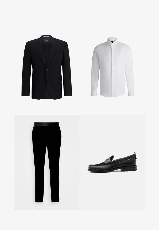 Sort ensidet blazer lavet af glat stof. Har to knapper, klapkrave og to frontlommer. Foret indvendigt.; Hvid langærmet skjorte lavet af glat bomuld, med klassisk krave, fuld knaplukning og knapmanchetter. Minimalistisk design.; Sorte fløjlsbukser med en skræddersyet pasform, glat tekstur og en matchende talje. Har lige ben og sidelommer.; Sort læderloafer med grå remdetalje, lav hæl og tekstureret sål, mærket med "HUGO" i guld på siden.