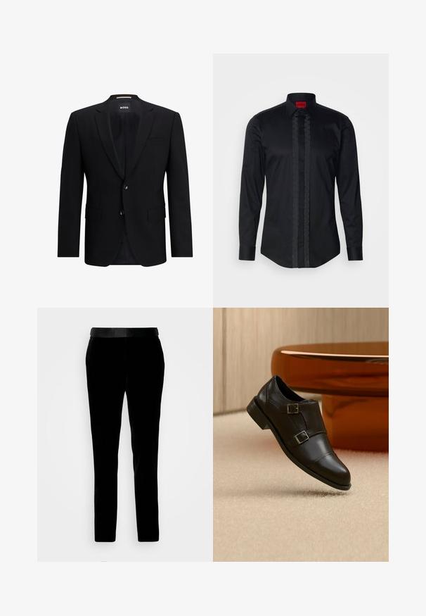 Zwarte enkelvoudig ingestikte blazer van gladde stof. Beschikt over twee knopen, reverskraag en twee frontzakken. Gevoerde binnenkant.; Zwart, katoenen shirt met lange mouwen en een getextureerde voorkant met knoopsluiting, voorzien van een spitse kraag. HUGO-label in rood.; Zwarte fluwelen broek met een getailleerde pasvorm, gladde textuur en een bijpassende tailleband. Heeft rechte pijpen en zijzakken.; Zwarte leren dubbele monkstrap-schoen zwevend boven een beige tapijt, met gebogen bruine meubels op de achtergrond.