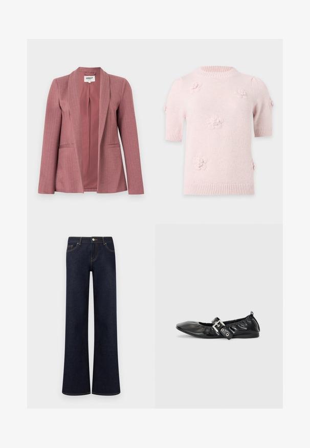 Roze blazer met een gladde stof, visgraatstructuur, gespleten revers, twee voorzakken en een sluiting met één knoop.; Lichtroze kortemouw gebreide trui met geribde kraag en zoom, versierd met kleine verhoogde bloemmotieven aan de voorkant en op de mouwen.; Donkerblauwe denim jeans met wijde pijpen, voorzakken, knoop- en ritssluiting, en zichtbare contrasterende stiksels.; Zwarte leren platte schoen met een spitse neus, geplooide details rond de opening en een zilveren gespaccentueerde verstelbare band.