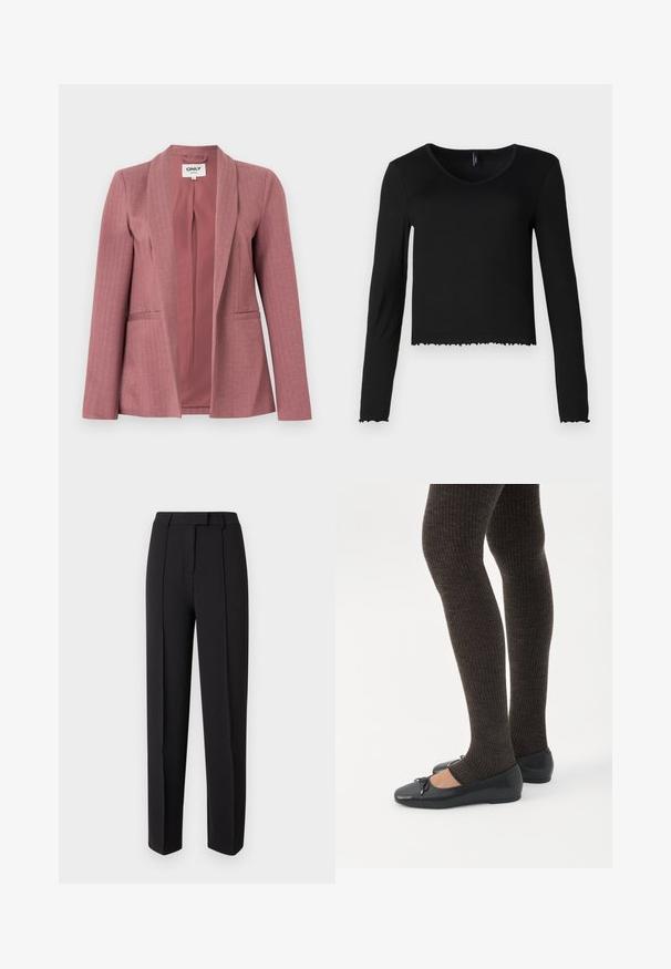 Blazer rose en tissu lisse, texture en chevrons, revers crantés, deux poches avant et fermeture à un bouton.; Blouse noire à manches longues en V en texture côtelée, avec une coupe cropped et un ourlet festonné, sans matériel visible.; Pantalon noir taillé avec une texture lisse, présentant une coupe droite, des passants pour ceinture et deux plis avant pour plus de détails.; Jambes portant des leggings côtelés foncés associés à des ballerines noires avec de petits détails en nœud sur fond blanc.