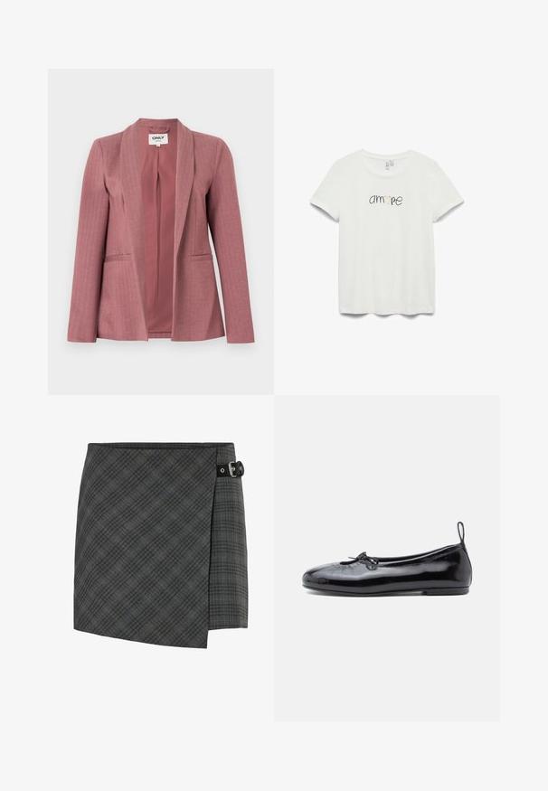 Roze blazer met een gladde stof, visgraatstructuur, gespleten revers, twee voorzakken en een sluiting met één knoop.; Witte T-shirt met korte mouwen en een ronde hals met het woord "amore" in zwarte schrijfletters met een klein gouden hart in het midden.; Donkergrijze geruite wollen wikkelrok met zwarte gespdetail aan de rechterzijde, rechte zoom en subtiele diagonale lijnenpatroon.; Zwarte gepoetste leren balletschoenen met een ronde neus, een klein strikje en een gladde textuur; heeft een lage platte zool en een lusje aan de hiel.