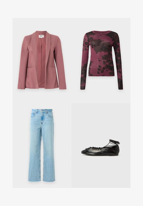 Rosa Blazer aus glattem Stoff mit Fischgrätstruktur, aufgeschlagenem Revers, zwei Vorder- taschen und einer Ein-Knopf-Verschluss.; Langärmliges, enganliegendes Oberteil aus durchsichtigem, dunkelmagentafarbenem Stoff mit unregelmäßigem, schwarzem abstraktem Muster, Rundhalsausschnitt und geradem Saum.; Hellblaue Jeans aus Denim mit geradem Bein, hoher Taille, kontrastierenden Nähten und leicht verblichenem Material.; Schwarze Ballerinas aus Lackleder mit runder Spitze, Schnürdesign und flacher Sohle. Glatte Textur mit minimaler Verzierung.
