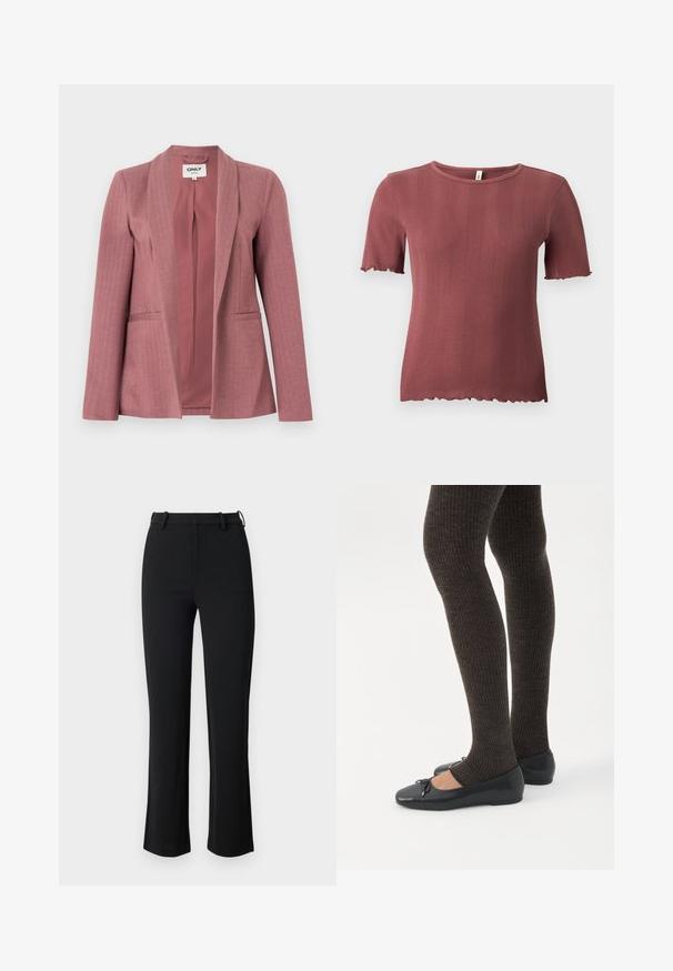 Lyserød blazer med glat stof, sildebensstruktur, hakkede revers, to forlommer og lukning med én knap.; Kortærmet, ribstrikket top i støvet rosa med rund hals og diskret salatkant ved ærmer og kant.; Sorte bukser lavet af et glat, strækbart stof, med en tætsiddende talje, bæltesløjfer og let flared ben med sideslids.; Ben iført mørke ribbede leggings kombineret med sorte balletsko med små sløjfedetaljer på hvid baggrund.