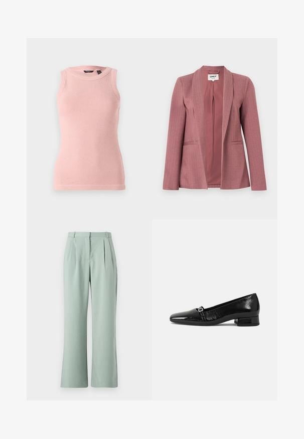 Blazer rose en tissu lisse, texture en chevrons, revers crantés, deux poches avant et fermeture à un bouton.; Débardeur en tricot léger rose clair sans manches avec un motif texturé, encolure ronde et bords côtelés. Design simple et ajusté.; Pantalons larges vert clair avec plis, présentant une texture douce et une ceinture traditionnelle. Le tissu semble léger et doux.; Ballet flats en cuir verni noir avec un bout pointu, un petit talon carré et un détail de boucle métallique sur la sangle. Texture lisse.