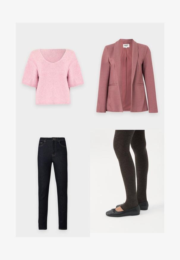 Blazer rose en tissu lisse, texture en chevrons, revers crantés, deux poches avant et fermeture à un bouton.; Pull côtelé rose pâle à manches courtes avec un large col en V et une coupe ample, légèrement carrée.; Jean en denim bleu foncé à coupe slim, avec des surpiqûres orange, une braguette à boutons, et un design traditionnel à cinq poches.; Jambes portant des leggings côtelés foncés associés à des ballerines noires avec de petits détails en nœud sur fond blanc.