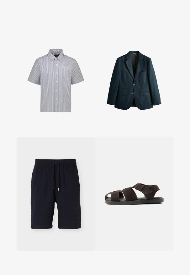 Blazer azul marino oscuro de un solo botón con solapas con muesca, dos bolsillos frontales con solapa, un bolsillo en el pecho y dos botones en la parte delantera y los puños.; Camisa de manga corta a rayas en azul y blanco con frente abotonado y cuello. Presenta un sutil detalle de logo en el pecho. Material de mezcla de algodón.; Pantalones cortos casuales negros con textura, cintura elástica y cordones, hasta la rodilla, mostrados sobre un fondo plano y claro.; Sandalia para hombre de color marrón oscuro con tres tiras anchas, una tira trasera con cierre de velcro y una suela plana negra.