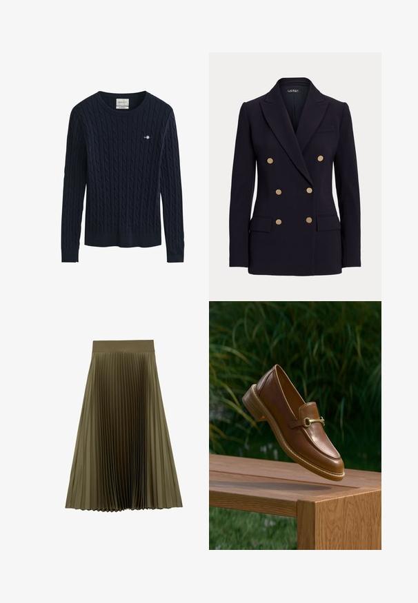 Zwarte dubbelgeknoopte blazer met zes gouden knopen, schouderinkepingen, twee voorzakken met klep en een getailleerde pasvorm.; Marineblauwe kabelgebreide trui met lange mouwen, ronde hals en een klein geborduurd logo op de linkerborst.; Olijfgroene midi geplooide rok met een brede, gladde tailleband en gelijkmatig verdeelde smalle plooien.; Bruine leren loafer met gouden gespdetail zwevend boven een houten bank buiten met groene bladeren op de achtergrond.