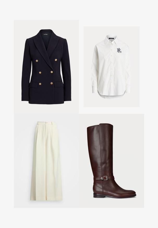 Blazer negro cruzado con seis botones dorados, solapas con muesca, dos bolsillos delanteros con solapa y un corte entallado.; Camisa blanca de manga larga con botones, cuello puntiagudo y logo bordado en negro en el pecho izquierdo.; Pantalones de pierna ancha en tejido blanco roto, con cintura alta, pinzas dobles y cierre de botón. Textura suave y diseño a medida.; Bota de cuero marrón hasta la rodilla con una textura suave, acento de hebilla en tono plateado y un tacón bajo apilado. Presenta un sutil detalle de costura.
