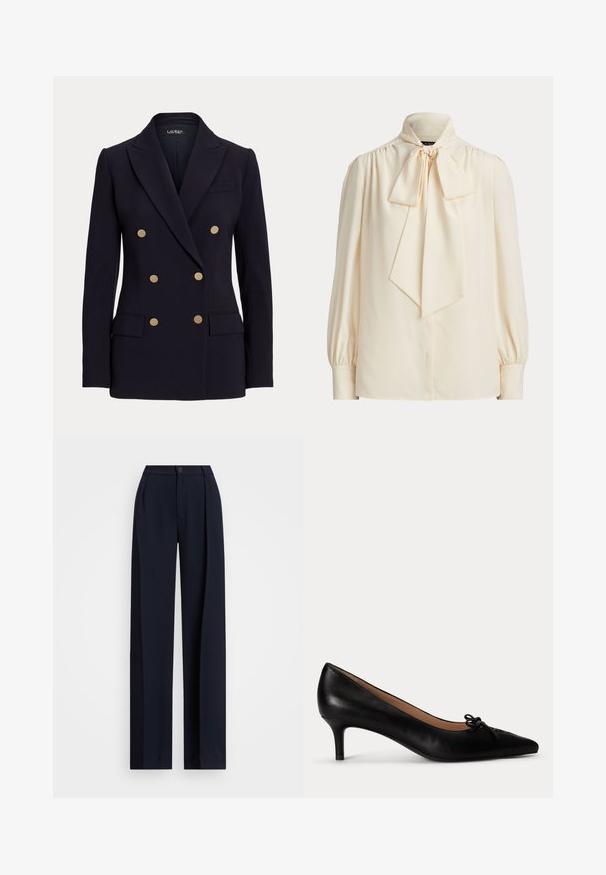 Blazer negro cruzado con seis botones dorados, solapas con muesca, dos bolsillos delanteros con solapa y un corte entallado.; Blusa cremosa de manga larga con cuello alto y un gran lazo atado en el cuello, con hombros fruncidos y mangas con puños.; Pantalones de pierna ancha en color marino con pliegues, cierre de botón y una textura de tela suave. Diseñados para un ajuste suelto y cómodo.; Zapato de tacón bajo tipo pump de cuero negro con puntera puntiaguda y pequeño lazo decorativo en la parte superior, mostrado de perfil sobre un fondo blanco.