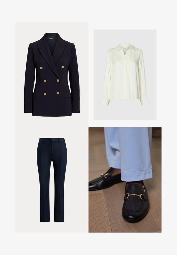 Blazer noir croisé avec six boutons dorés, revers crantés, deux poches à rabat devant et une coupe ajustée.; Blouse blanche en satin à manches longues avec col classique et patte de boutonnage cachée, présentée sur un fond uni gris clair.; Pantalon droit bleu marine foncé sur mesure avec passants de ceinture et fermeture éclair devant, sur fond blanc.; Mocassins en cuir noir avec un détail en métal doré portés avec un pantalon bleu clair sur un sol en bois.