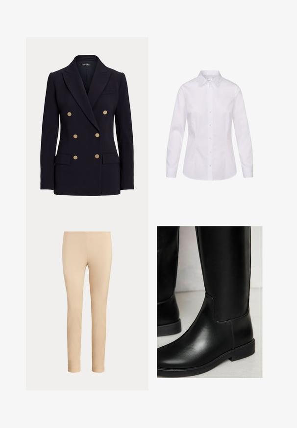 Schwarzer Doppelreiher-Blazer mit sechs goldenen Knöpfen, Kerbkragen, zwei vorderen Pattentaschen und taillierter Passform.; Weißes langärmliges Hemd mit Knöpfen, spitzem Kragen und tailliertem Schnitt, auf weißem Hintergrund dargestellt.; Beige, figurbetonte, knöchellange Hose mit glatter Oberfläche und ohne sichtbare Taschen oder Verzierungen auf einfarbigem Hintergrund.; Schwarze Leder-Stiefel bis zum Knie mit glatter Textur, runder Spitze, minimaler Naht und niedrigem Blockabsatz. Sie haben ein schlankes, eng anliegendes Design.