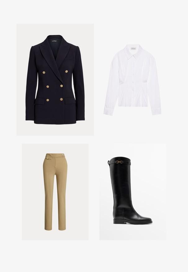 Zwarte dubbelgeknoopte blazer met zes gouden knopen, schouderinkepingen, twee voorzakken met klep en een getailleerde pasvorm.; Witte blouse met lange mouwen en een klassieke kraag, met een sluiting aan de voorkant met knopen en geplooide details aan de zijkant. Glad materiaal met een getailleerde pasvorm.; Beige op maat gemaakte broek met een zachte textuur, hoge taille, twee decoratieve knopen en een enkele achterzak. Recht gesneden ontwerp.; Hoge zwarte leren laars met lage hak en gouden gespdetail vlak bij de bovenkant, zijaanzicht op een witte achtergrond.