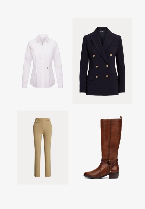 Sort dobbeltradet blazer med seks gyldne knapper, hakkede revers, to forlommer med klap og en skræddersyet pasform.; Hvid langærmet skjorte med knapper, klassisk krave, frontplade, sidesømme og en sort broderet rosedetalje nær kanten.; Beige slim-fit kvindebukser med høj talje, to knapper i siden og en lille lomme med knap nær taljebåndet.; Brune læder knæhøj støvle med en rund tå, sidelukning i form af en spænde og en kraftig hæl. Tekstureret overflade og en dekorativ remdetalje.