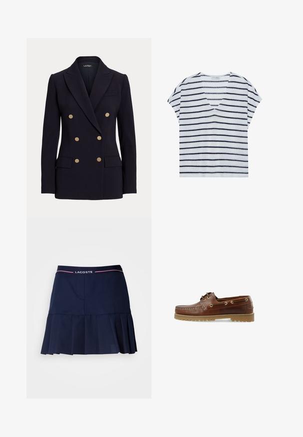 Lauren Ralph Lauren DOUBLE BREASTED WOOL CREPE BLAZER - Blazer - navy; Stribet kortærmet top i lyseblå og marineblå, med V-halsudskæring og blødt, struktureret stof med vandrette striber.; Marineblå plisseret nederdel med elastisk talje og et hvidt og pink Lacoste-logo. Fremstillet af glat, letvægtsstof.; Brune læder bådsko med lav skæring, snøredesign, metaløjer og en tekstureret gummisål, der har stikninger foran.