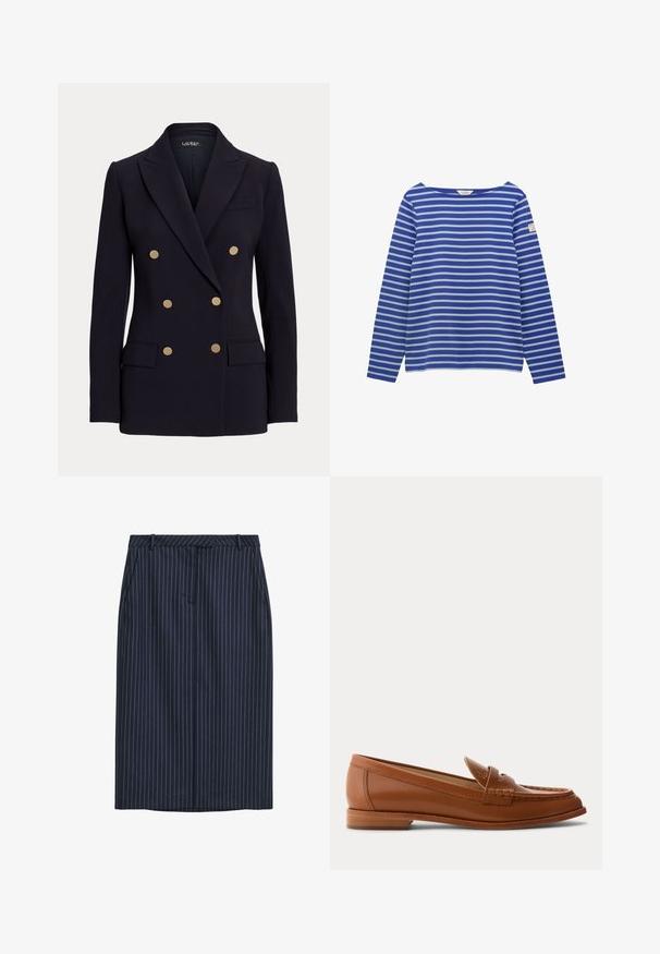Blazer negro cruzado con seis botones dorados, solapas con muesca, dos bolsillos delanteros con solapa y un corte entallado.; Camisa de manga larga con rayas horizontales azules y azul claro, con escote barco y una pequeña etiqueta en la manga izquierda.; Falda lápiz de rayas marineras con corte recto, bolsillos frontales, cinturilla y una textura suave. Sin cierres ni aberturas visibles.; Mocasín de cuero marrón con tacón bajo de madera, correa clásica para moneda y detalles cosidos a lo largo de la puntera y los laterales.