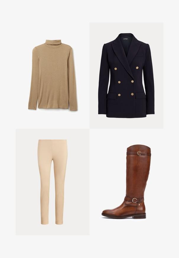 Schwarzer Doppelreiher-Blazer mit sechs goldenen Knöpfen, Kerbkragen, zwei vorderen Pattentaschen und taillierter Passform.; Beiges Langarm-Rollkragenshirt mit tailliertem Schnitt, flach auf weißem Hintergrund präsentiert.; Beige, figurbetonte, knöchellange Hose mit glatter Oberfläche und ohne sichtbare Taschen oder Verzierungen auf einfarbigem Hintergrund.; Knöchelhöhe braune Lederstiefel mit glatter Oberfläche, abgerundeter Zehenpartie, dekorativem Riegel mit einer runden Schnalle und niedrigem gestapeltem Absatz.