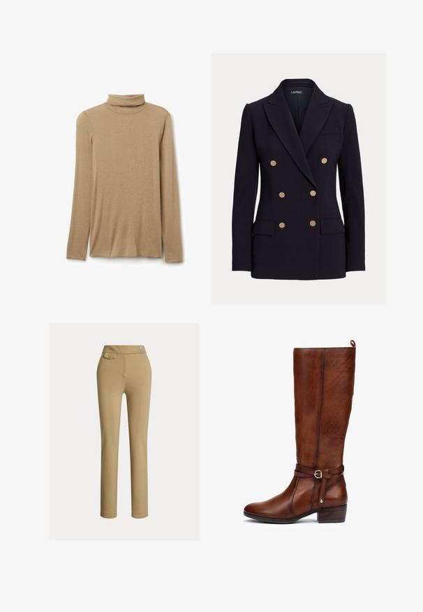Schwarzer Doppelreiher-Blazer mit sechs goldenen Knöpfen, Kerbkragen, zwei vorderen Pattentaschen und taillierter Passform.; Beiges Langarm-Rollkragenshirt mit tailliertem Schnitt, flach auf weißem Hintergrund präsentiert.; Beige Slim-Fit-Hosen für Frauen mit hoher Taille, zwei Knöpfen an der Seite und einer kleinen Knopftasche nahe des Bundes.; Braune Lederstiefel bis zum Knie mit runder Zehenform, seitlichem Schnallenakzent und klobigem Absatz. Texturierte Oberfläche und dekoratives Riemen-Detail.