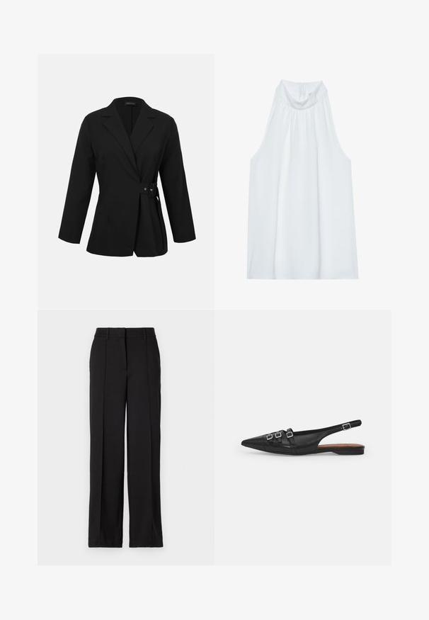 Blazer negro a medida con mangas largas, solapas con muesca y detalle de hebilla lateral que sujeta en la cintura.; Top blanco sin mangas con cuello alto, confeccionado en una tela suave, con detalles fruncidos en el escote y una cremallera oculta en la parte posterior.; Pantalones negros con un diseño de pierna recta, con dos pliegues en la parte frontal, una cinturilla y sin bolsillos visibles ni adornos.; Zapato plano slingback de cuero negro con puntera puntiaguda, que presenta dos correas horizontales y hebillas plateadas cuadradas, tacón bajo y textura suave.