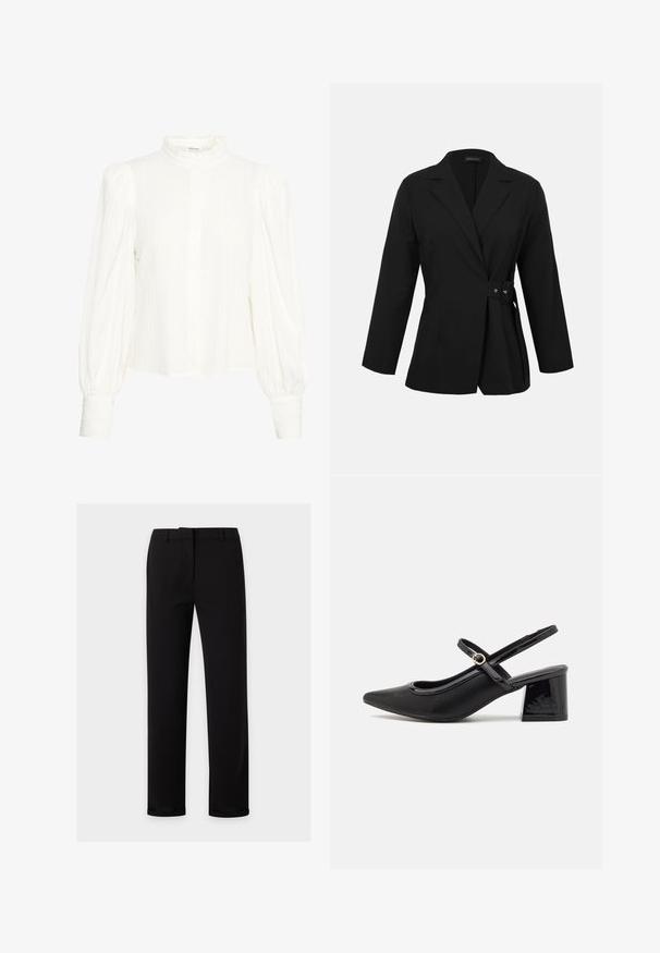 Sort skræddersyet blazer med lange ærmer, notch-revers og detaljeret sidespænde som lukning ved taljen.; Hvid langærmet bluse med en tekstureret, krøllet stof. Har en høj, flæsedetaljeret krave og knaplukning. Bredde puffede ærmer og manchetter ved håndleddene.; Sorte bukser med lige ben med bæltestropper, foran lynlås og en glat linning, vist på en ensartet lys baggrund.; Sorte patentlæder slingback hæle med spids tå, rund udskæring og blokhæl. Har en guldtonet spændeaccents.