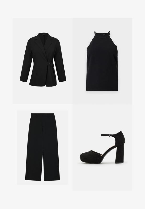 Sort skræddersyet blazer med lange ærmer, notch-revers og detaljeret sidespænde som lukning ved taljen.; Sort ærmeløs halterneck-top med bølget kant og tynde skulderstropper, vist på en ensfarvet lys baggrund.; Breddebenede sorte bukser lavet af et glat stof. Har en flad talje med bæltestropper og ingen synlige lommer. Simpelt design.; Sorte ruskinds platform hæle med en tyk blokhæl, rund tå og ankelrem fastgjort med en metalspænde. Glat tekstur hele vejen igennem.