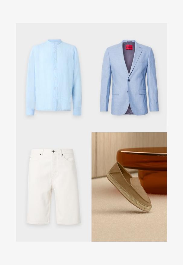 Veste blazer bleu clair pour homme avec revers en encoche, deux poches avant à rabat, fermeture par un bouton, et une étiquette de marque rouge HUGO à l'intérieur du col.; Chemise bleu clair à manches longues avec col mandarin et boutons blancs sur le devant, présentée sur un fond uni.; Short en denim blanc avec bouton et fermeture éclair à l'avant, passants pour ceinture et design à cinq poches, présenté sur un fond uni.; Chaussure beige sans lacets avec tige texturée et semelle tissée, positionnée debout sur un sol recouvert de moquette claire à côté d'une table circulaire marron brillante.