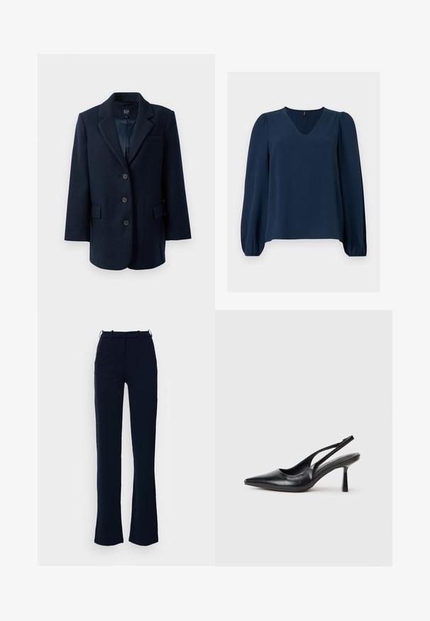 Marineblaues einreihiges Blazer mit Reverskragen, drei Knöpfen, zwei Klappentaschen und einer Brusttasche, innen gefüttert.; Marineblaue langärmlige Bluse mit V-Ausschnitt, leicht gerafften Schultern und elastischen Bündchen an den Ärmeln vor einfarbigem Hintergrund.; Marineblaue Hose mit geradem Bein, aus einem glatten Stoff gefertigt, mit Gürtelschlaufen und einem Reißverschluss vorne.; Schwarzer Leder Slingback High Heel Schuh mit spitzer Zehenpartie und schmalem Absatz auf einem weißen Hintergrund.