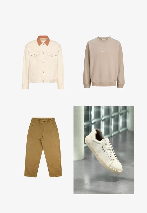 Veste boutonnée écru avec col marron, deux poches poitrine à boutons et manches longues.; Sweat beige à col rond avec manches longues et petit texte blanc « Originals Studio » centré sur la poitrine.; Pantalons baggy beiges en coton durable. Dotés d'une fermeture à bouton, d'un design à cinq poches et d'une étiquette sur la taille avec du texte.; Baskets en toile blanche avec semelle et lacets beige, logo "AllSaints London" sur le côté, flottant au-dessus d'un sol gris poli près de blocs de verre.