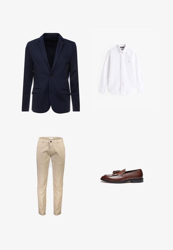 Blazer azul marino de tela texturizada, con cierre de un solo botón, solapas muesca y dos bolsillos frontales.; Camisa de botones de manga larga blanca hecha de algodón. Cuenta con un collar extendido, tapeta de botones y un pequeño logo bordado en el pecho.; Pantalones de algodón beige con diseño de pierna recta, que cuentan con bolsillos delanteros, cierre de cremallera y un solo botón. Textura lisa, sin estampados.; Mocasines de cuero marrón con un acabado suave, borlas decorativas, puntera redondeada y una suela baja de goma negra.
