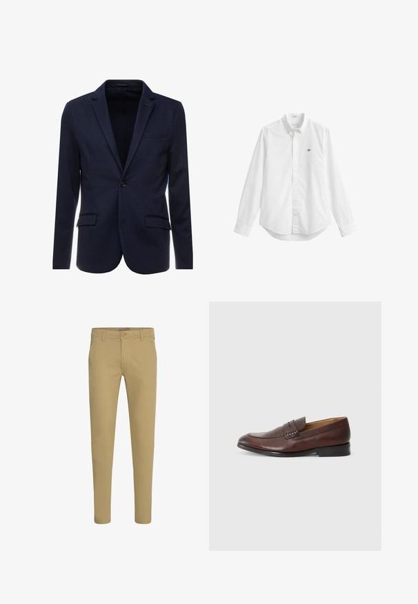 Navyblauer Blazer aus strukturiertem Stoff, mit einem einzelnen Knopfverschluss, Reverskragen und zwei vorderen Taschen.; Weißes Hemd mit langen Ärmeln, Knöpfen vorne, einem Kragen und einem kleinen gestickten Logo auf der linken Brust.; Slim-Fit beige Chinos mit Knopf- und Reißverschluss, schrägen Vordertaschen und Gürtelschlaufen, auf weißem Hintergrund dargestellt.; JOOP! KLEITOS - Slipper - brown