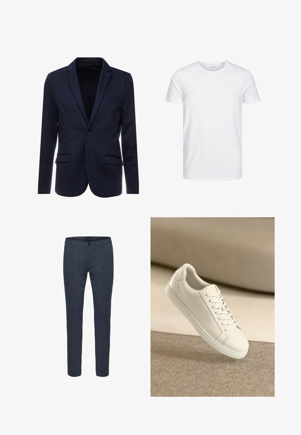 Marineblå blazer lavet af tekstureret stof, med en enkelt knaplukning, smal klapkrave og to forreste lommer.; Rundhals kortærmet t-shirt i ensfarvet hvid, lavet af blød bomuld, har et simpelt design uden synlige mønstre eller detaljer.; Mørkeblå skræddersyede bukser lavet af stof, med knaplukning, for- og baglommer samt en slim fit design. Glat tekstur med subtil glans.; Hvide lædersneakers med hvide snørebånd, præsenteret på en beige tekstureret overflade og med en blødt uskarp baggrund.